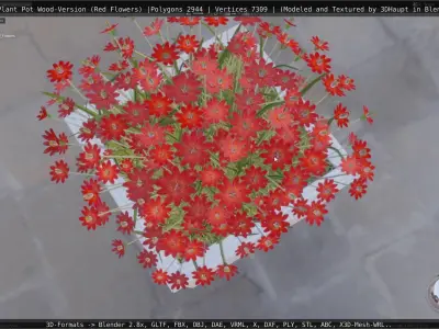 Public Plant Pot Wood-Version with Red Flowers Low-poly 3D model