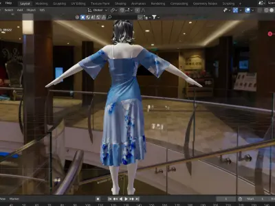 Blue florist cotton ruffles party dress 3D model