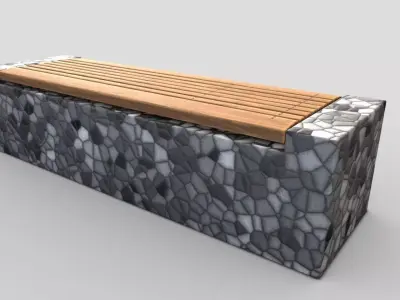 Bench 6 Wood on Mosaic Stone Block Low-poly 3D model