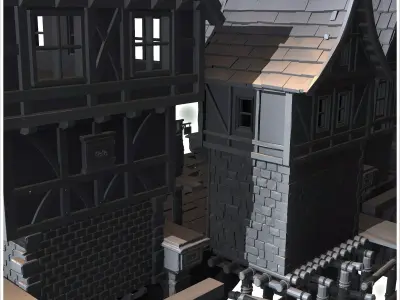 Medieval bridge set with houses statues cranes on stilts 12 - Me 3D print model