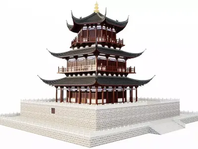 Ancient Japan Pavilion Tower on Stone Terrace 3D model