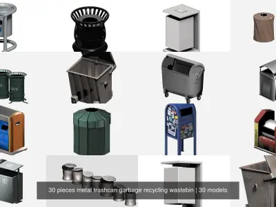 30 pieces metal trashcan garbage recycling wastebin 3D Model Pack