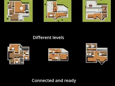 Set 6 Houses Detached with interiors Low-poly 3D model