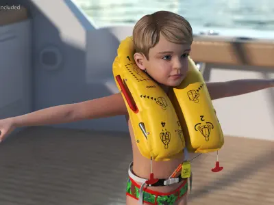  Child Character with Life Vest T-Pose 