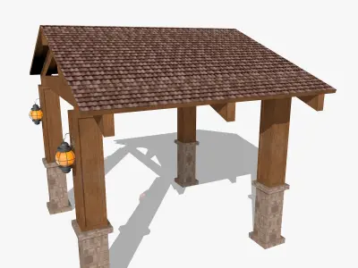 Wooden Shed with Lanterns Low-poly 3D model