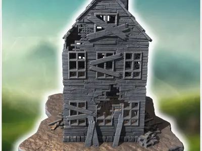 Ruined wooden building with a damaged upper floor broken porch a 3D print model