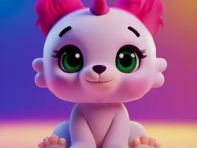 Neon Pink Cat 3D Glowing Cartoon Character Green Eyes Low-poly 3D model