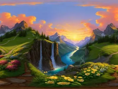8K HDR Serene Valley with Glowing Rivers and Sparkling Flowers 3D model