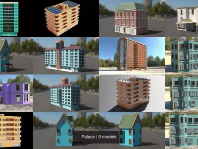 Palace building with solar panels 3D Model Pack