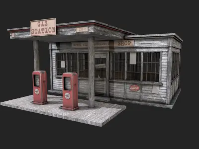 Old Abandoned Gas Station Low Poly PBR  Low-poly 3D model