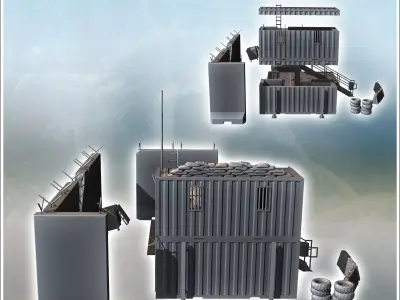 Vehicle repair center with container workshops and concrete wall 3D print model