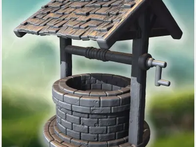 Round stone well with wooden roof hand crank and visible brick d 3D print model
