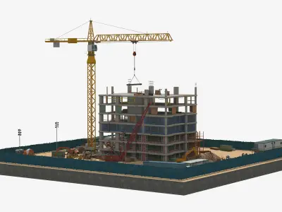 Construction Site with Building and Construction Vehicles Low-poly 3D model