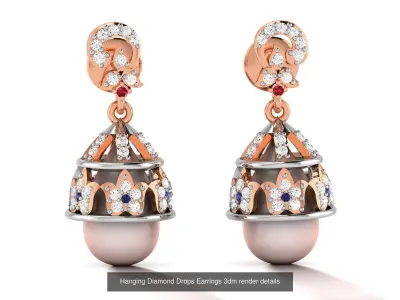 44 Hanging Diamond Drops Earrings 3dm render details 3D Model Pack