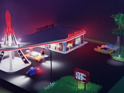 Low poly Red Rocket Station diorama Low-poly 3D model