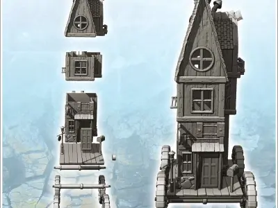 Fantasy medieval shop on four wooden wheels with sign and round  3D print model