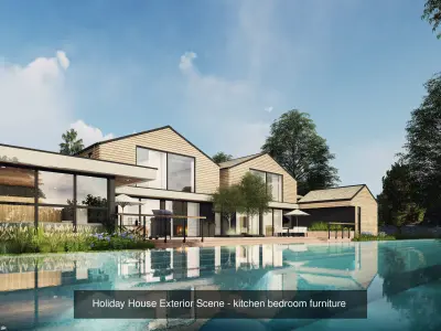 Mordern House Exterior Scene with Furniture and 2D Drawing 3D Model Pack