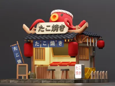 Japanese Takoyaki Stall - Cartoon Game Isometric Low-poly 3D model