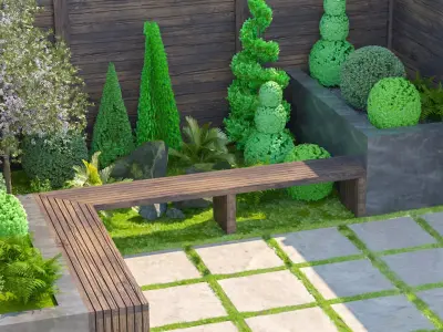 Modern Zen Garden Corner Bench ArchViz 3D Model Low-poly 3D model