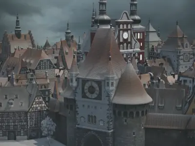 Old European Town Winter Low-poly 3D model
