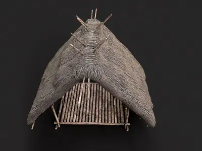 Primitive Wooden Shelter with Thatch Roof 2 Low-poly 3D model