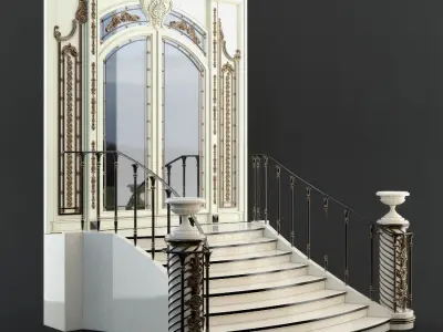 Entrance ornate staircase with wrought iron railings 3D model
