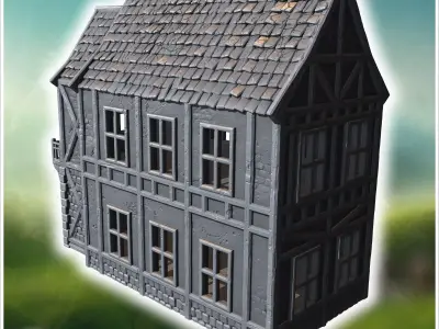 Timber-framed house with a wooden balcony decorative beams and a 3D print model