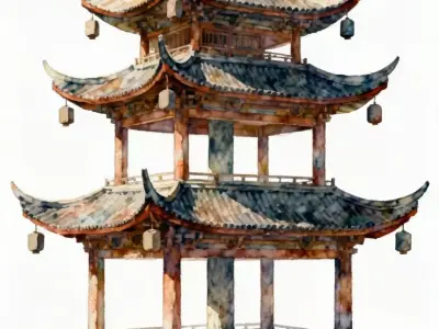 Stylized Watercolor Fantasy Pagoda 3D Model Low-poly 3D model
