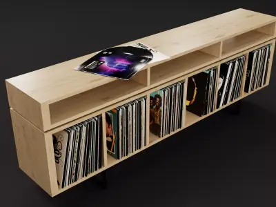 Vinyl LP Storage with Record Player Stand Light Oak Wood PBR 3D model
