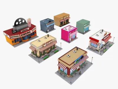 Cartoon City Buildings Shops Low-poly 3D model