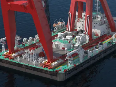  Marine Crane Lift Vessel on Water 