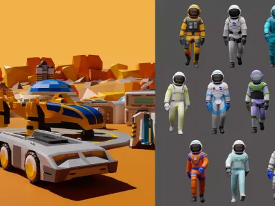 Cartoon characters astronauts and Mars Station 3D Model Pack
