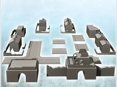 Set of ruined buildings of Hue with temple walls and roads Vietn 3D print model
