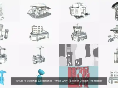 10 Sci Fi Buildings Collection B - White Gray - Exterior Design 3D Model Pack