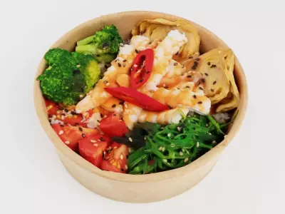 Poke bowl with king prawn or caramote prawn and Teriyaki sauce 3D model