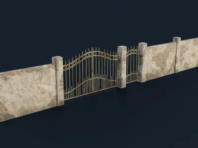 Stone wall with a gate Low-poly 3D model
