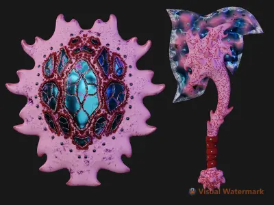 Coral Shield and Axe Low-poly 3D model