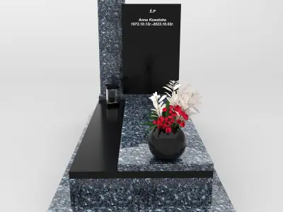 Modern granite gravestone with black panel and flower vase Low-poly 3D model