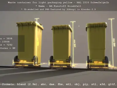 Waste container for light packaging yellow - RAL 1016  Low-poly 3D model