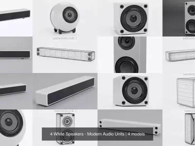 4 White Speakers - Modern Audio Units 3D Model Pack