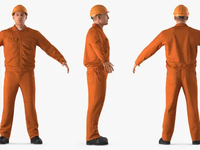  Builder Wearing Orange Coveralls Rigged for Cinema 4D 