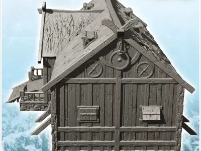 Wooden Viking building with access stairs and pediment chain 16  3D print model