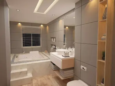 mastersuite modern bathroom with walls and wooden floors 3D model