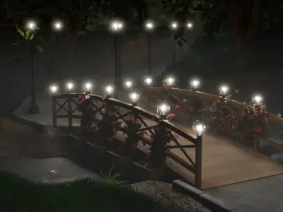 Bridge in woods with lights 3D model