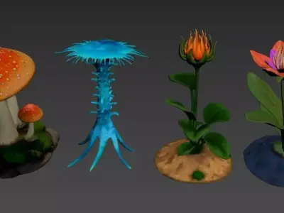 Stylized Cyberpunk Alien Plants Vegetation Grass Flower Mushroom Low-poly 3D model