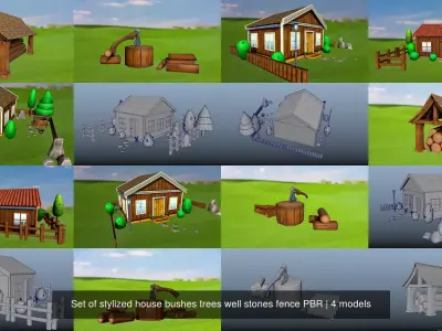 Set of stylized house bushes trees well stones fence PBR 3D Model Pack