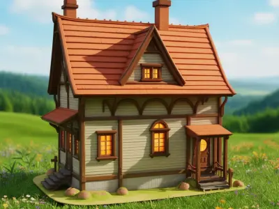 Cottage House Cozy Rural Home LowPoly Red Roof 3D Model Low-poly 3D model