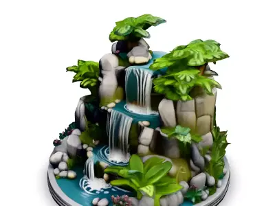 Stylized Tropical Waterfall Diorama Low-poly 3D model