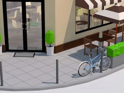 Low Poly Corner Coffee Shop exterior interior Low-poly 3D model