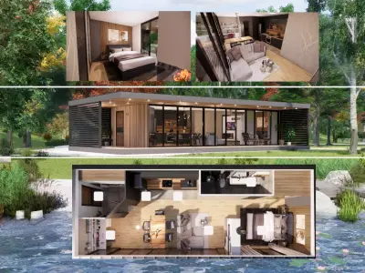 modern mobile home tiny house vacation house on 44m2  Low-poly 3D model